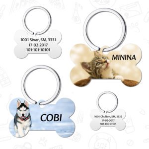 Placa de identificación tipo hueso para perros y gatos personalizada con foto