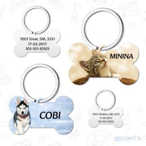 Placa de identificación tipo hueso personalizada con foto y nombre para gato y perro