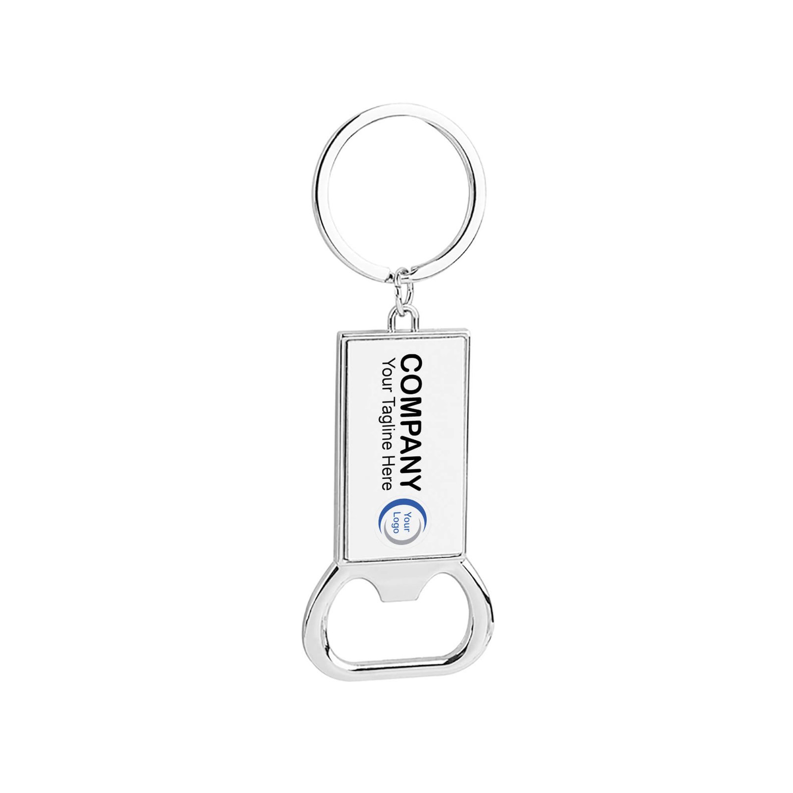 Llavero abridor de botellas personalizado con logo para empresas y eventos sociales, rectángulo.