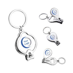 Llavero cortaúñas y destapador personalizado de forma circular con logo