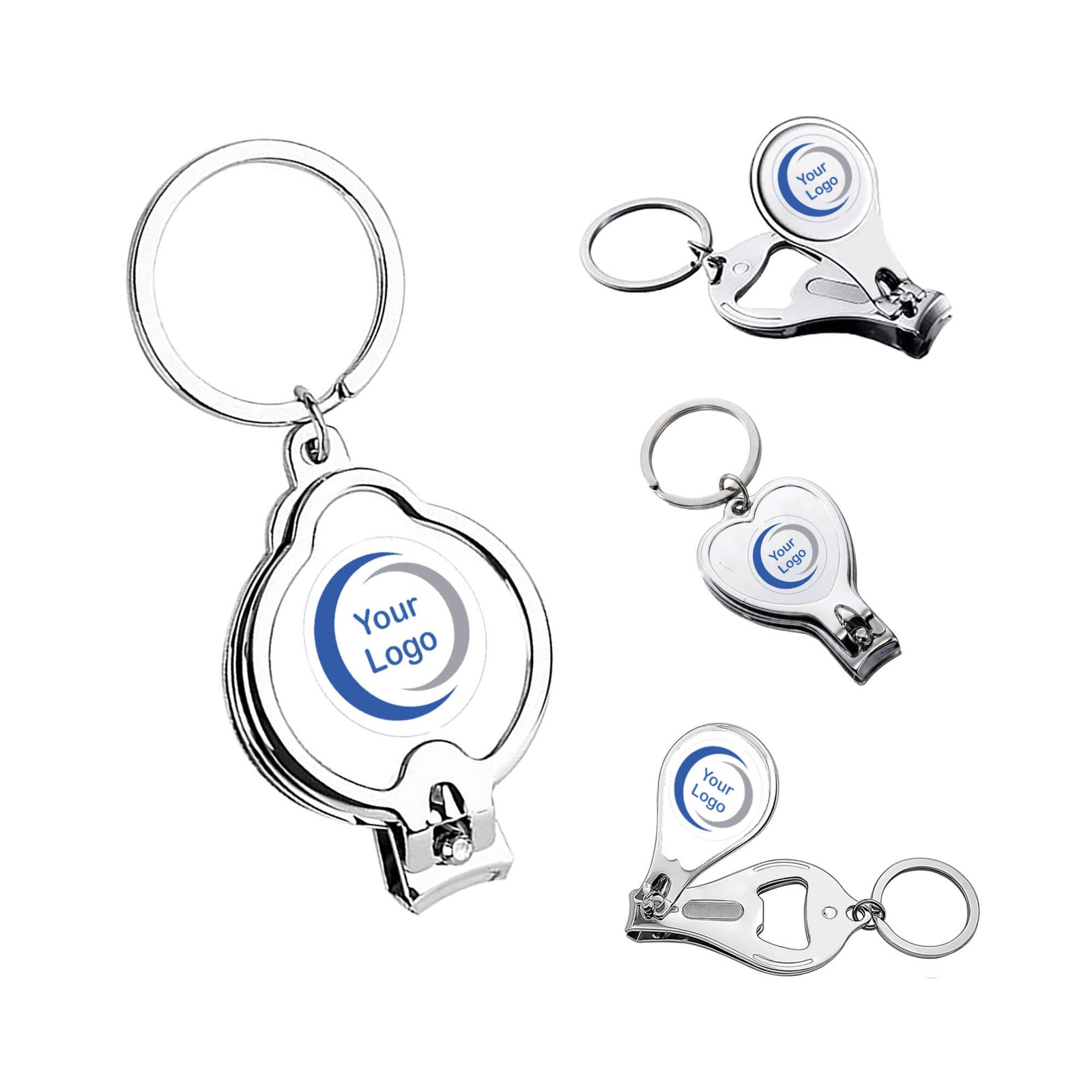 Llavero cortaúñas y destapador personalizado de forma circular con logo