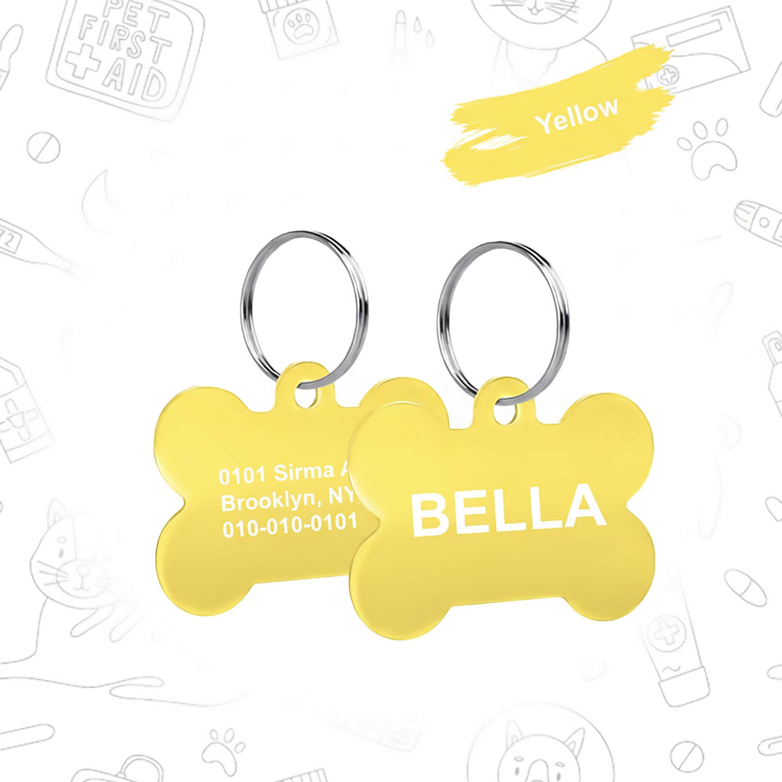 Placa de identificación para perros o gatos de aluminio, color amarillo, personalizada mediante sublimación HD