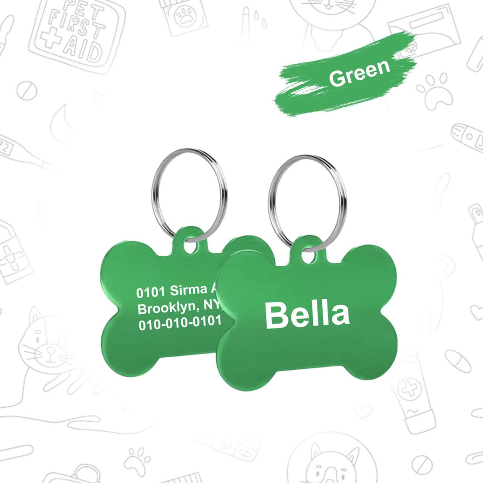 Placa de identificación para perros o gatos de aluminio, color verde, personalizada mediante sublimación HD