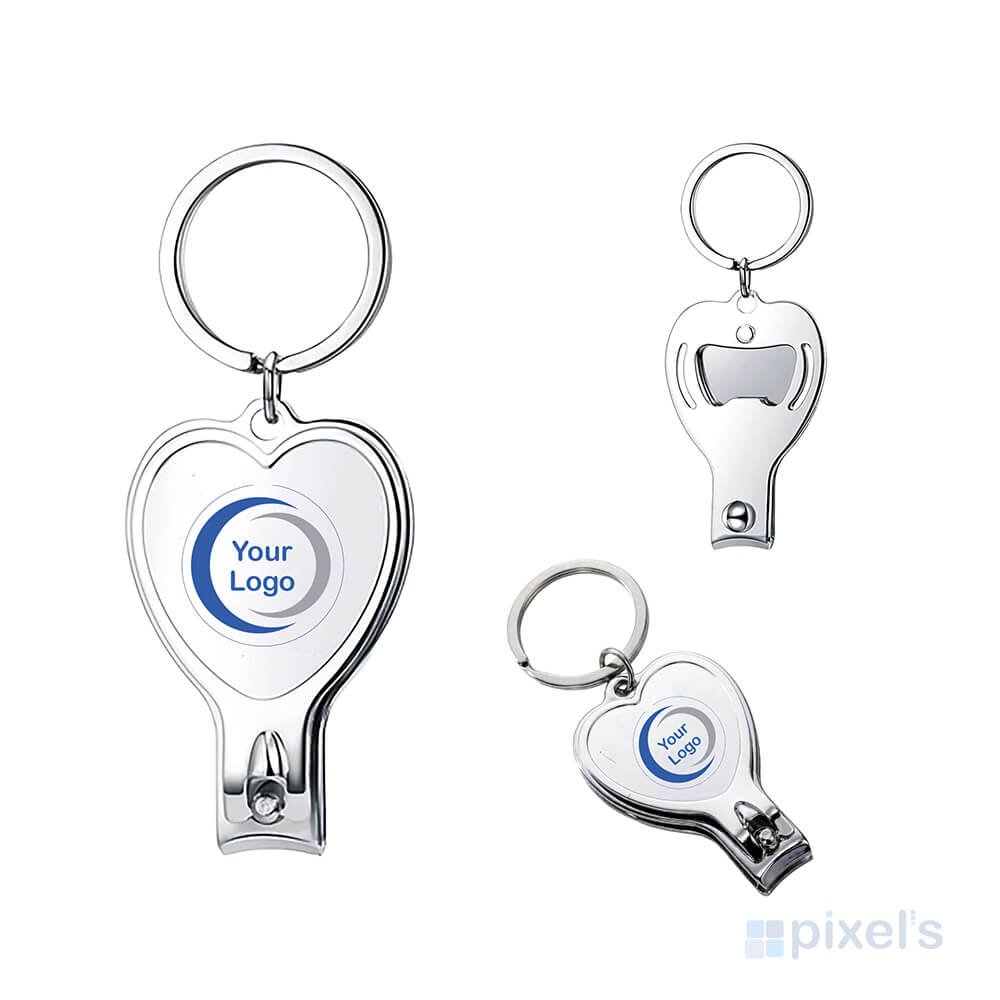 Llavero multifunción personalizado con cortaúñas y destapador en forma de corazón.