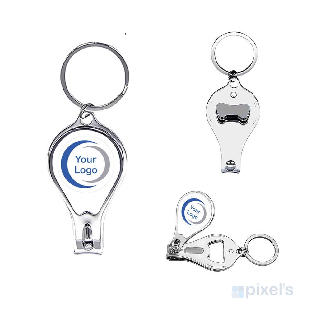 Llavero multifunción personalizado con cortaúñas y destapador en forma de gota.
