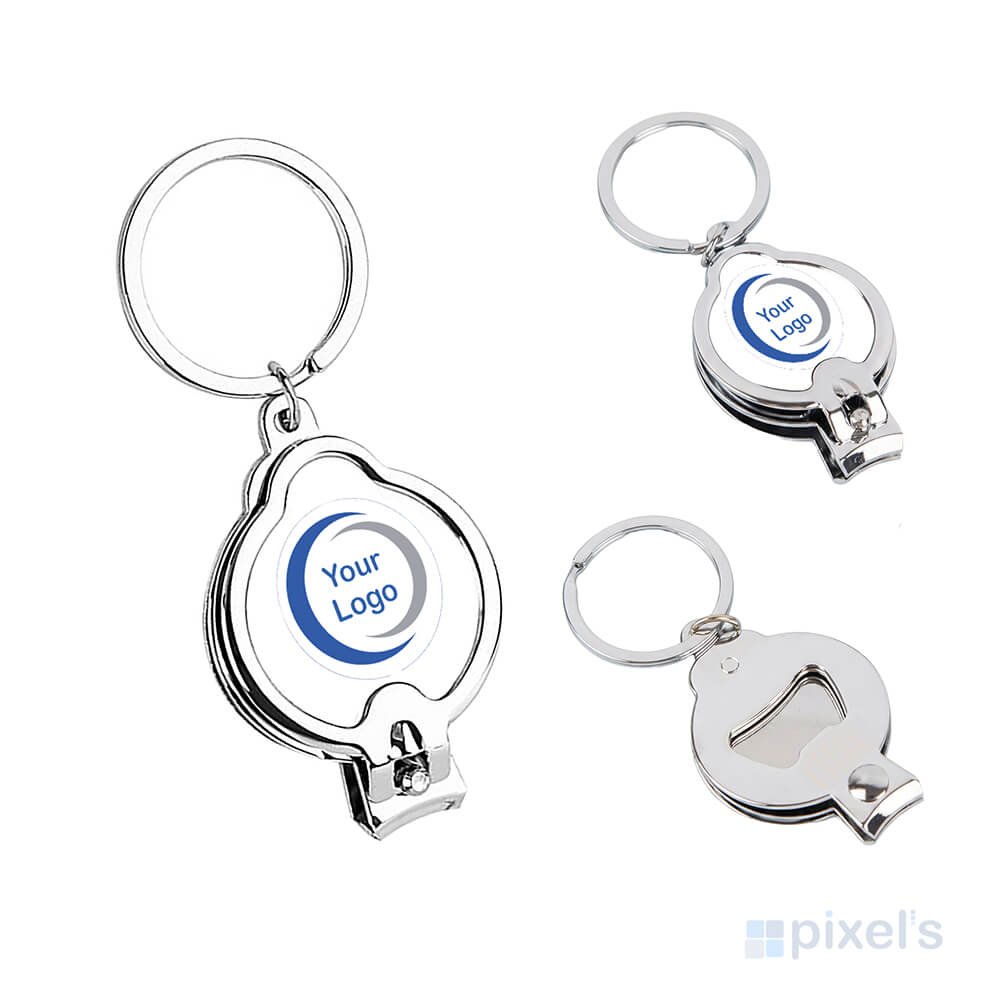 Llavero multifunción personalizado con cortaúñas y destapador de forma ondulada.