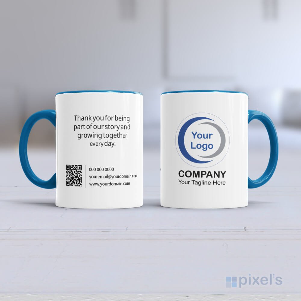 Taza de cerámica personalizada corporativa con logotipo azul claro