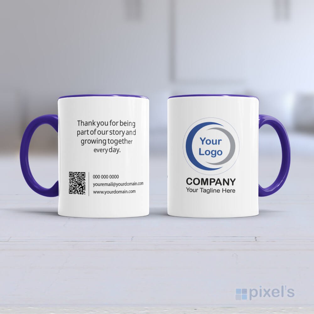 Taza de cerámica personalizada corporativa con logotipo azul