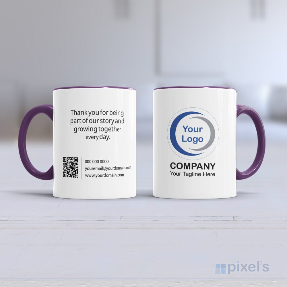 Taza de cerámica personalizada corporativa con logotipo morado